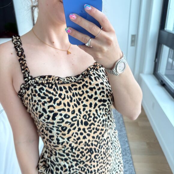 Faithfull The Brand Sleeveless Ruffle Trim Leopard Print Noemie Midi Dress 4 - Picture 3 of 9
